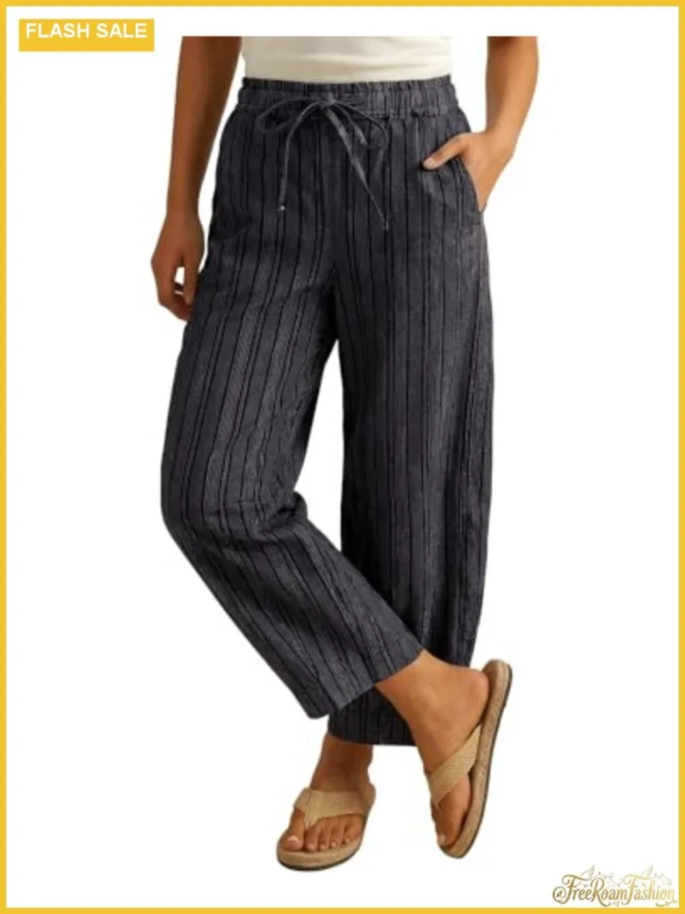 Striped Barrel Cropped Jeans High Waisted Pull On Elastic Waist Wide Leg